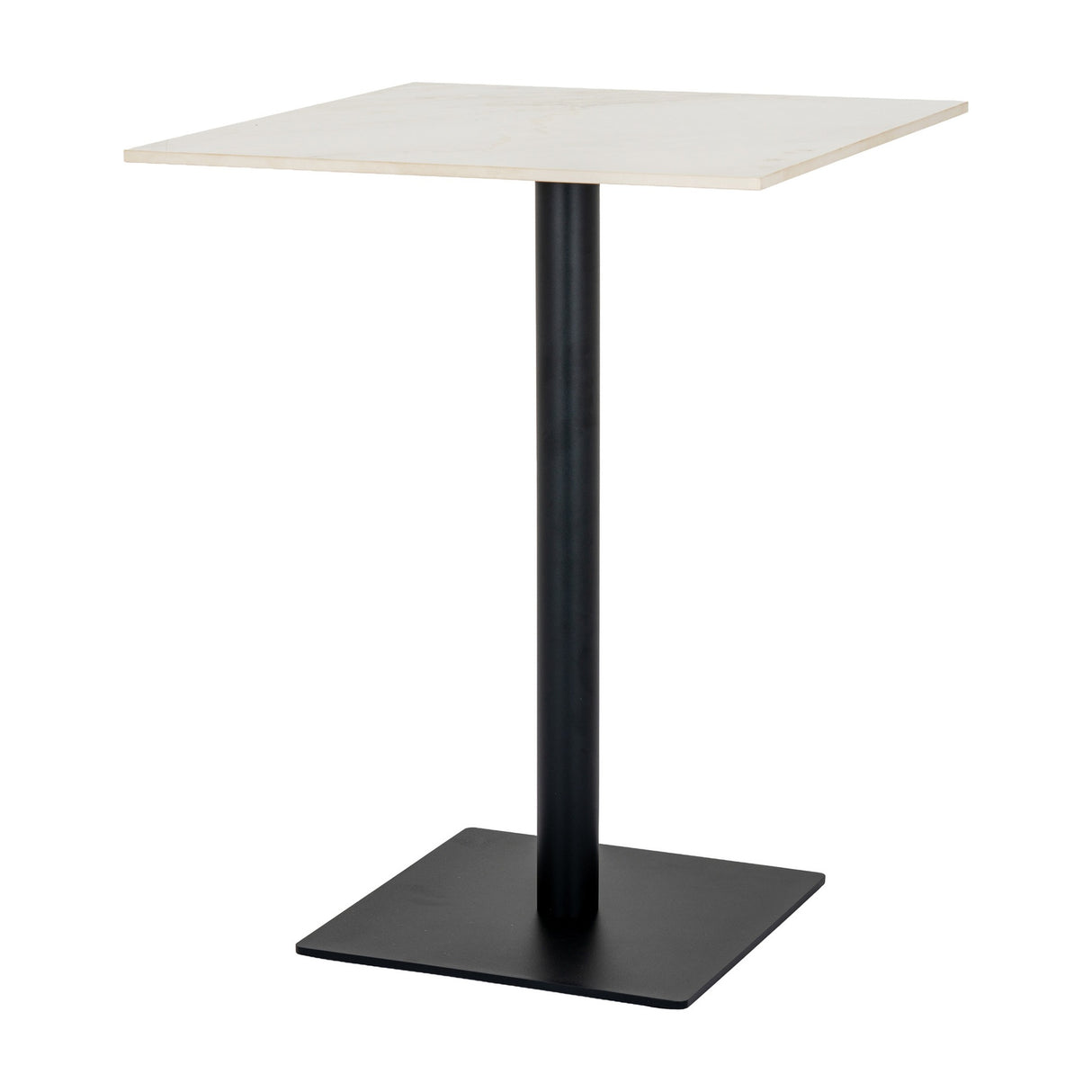 Hill Interiors Stanwyke square dining table with beige stone-effect top on a slim black metal pedestal and square base, shown on a plain white background.