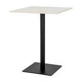 Hill Interiors Stanwyke square dining table with beige stone-effect top on a slim black metal pedestal and square base, shown on a plain white background.