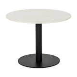 Hill Interiors Stanwyke round coffee table with a white stone-look top on a black metal pedestal base, shown against a plain white background.