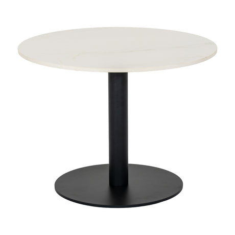 Hill Interiors Stanwyke round coffee table with a white stone-look top on a black metal pedestal base, shown against a plain white background.