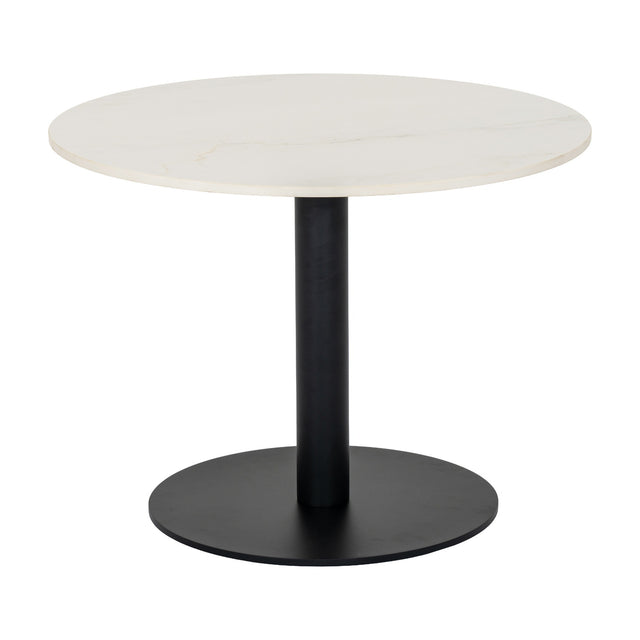 Hill Interiors Stanwyke round coffee table with a white stone-look top on a black metal pedestal base, shown against a plain white background.