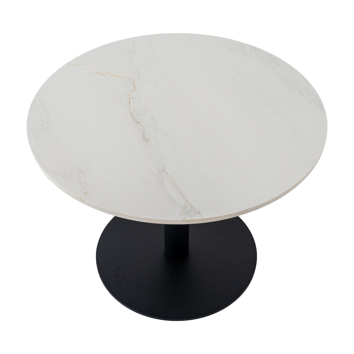 Hill Interiors Stanwyke round coffee table with a white stone-look top on a black metal pedestal base with circular foot, shown on a plain background.