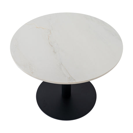Hill Interiors Stanwyke round coffee table with a white stone-look top on a black metal pedestal base with circular foot, shown on a plain background.