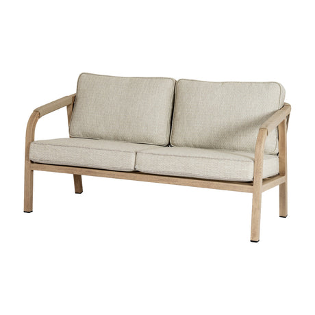 Hill Interiors Outdoor Four Seater Garden Lounge Set loveseat in brown wood-effect frame with woven arm detail and cream cushions, on a white background.