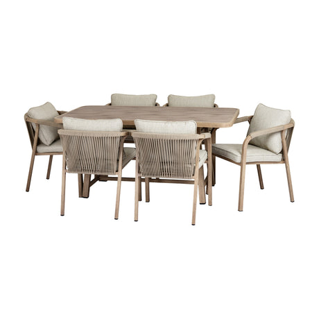 Hill Interiors Outdoor 6 Seater Metal Dining Set in brown with a rectangular wood-effect table and six rope-back armchairs with cream cushions.