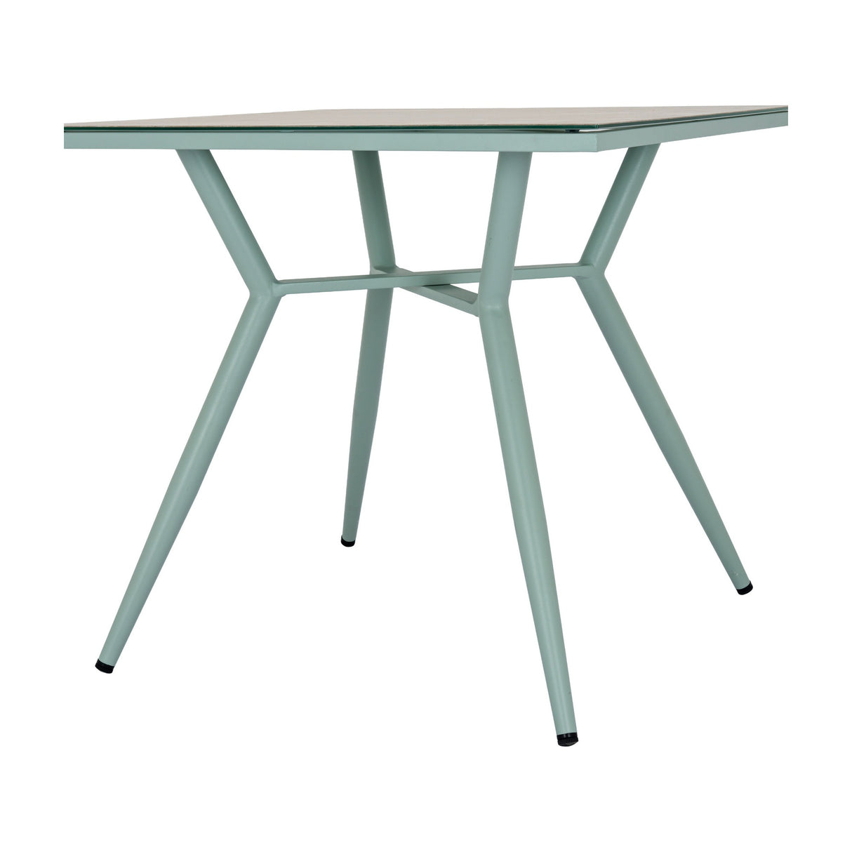 Hill Interiors French Grey Glass Table with tempered glass top and slim tapered metal legs in soft grey, shown on a plain white background.