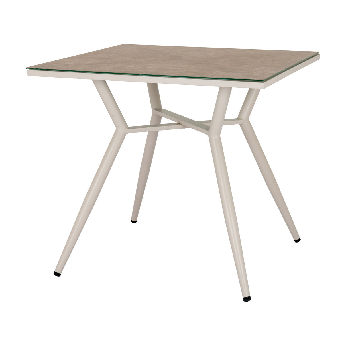 Hill Interiors square side table with a beige glass top and slim tapered cream metal legs joined by a cross stretcher, on a plain white background.