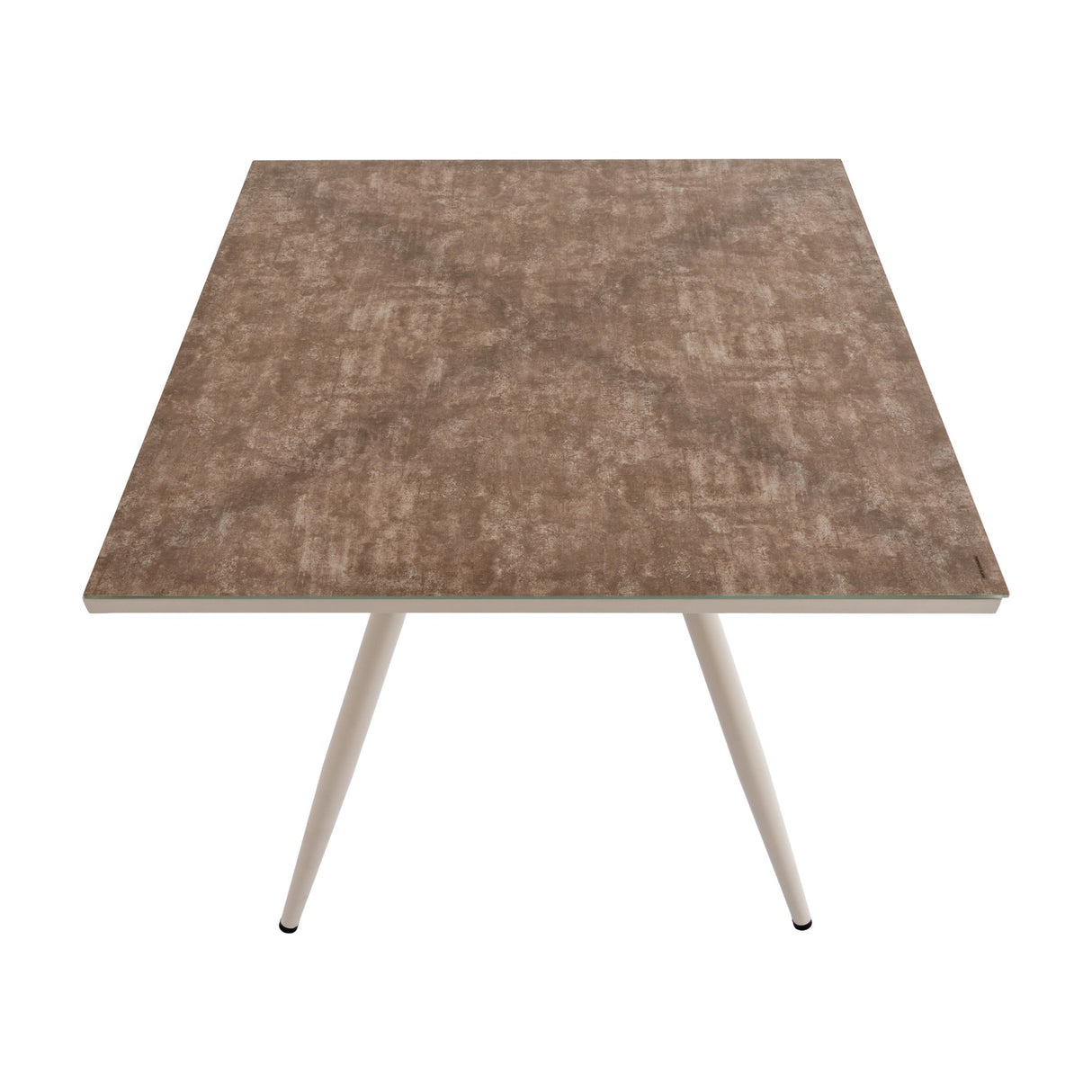 Hill Interiors Round Glass Side Table in beige with a mottled brown-toned square top and slim tapered cream legs, shown on a plain white background.