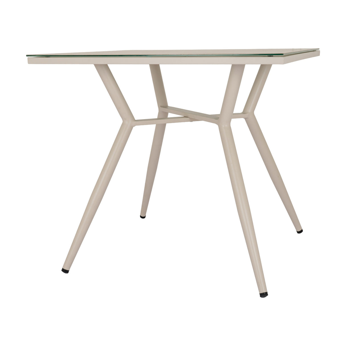 Hill Interiors Round Glass Side Table in beige with a glass top and slender four-leg metal base, shown on a plain white background.