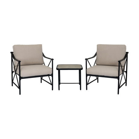 Hill Interiors Outdoor Metal Bistro Set in black, with two cushioned armchairs in beige and a small square side table, shown on a plain white background.