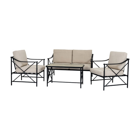 Hill Interiors Metal Four-Seater Garden Lounge Set in black with two armchairs, a two-seat sofa and rectangular coffee table with beige cushions.