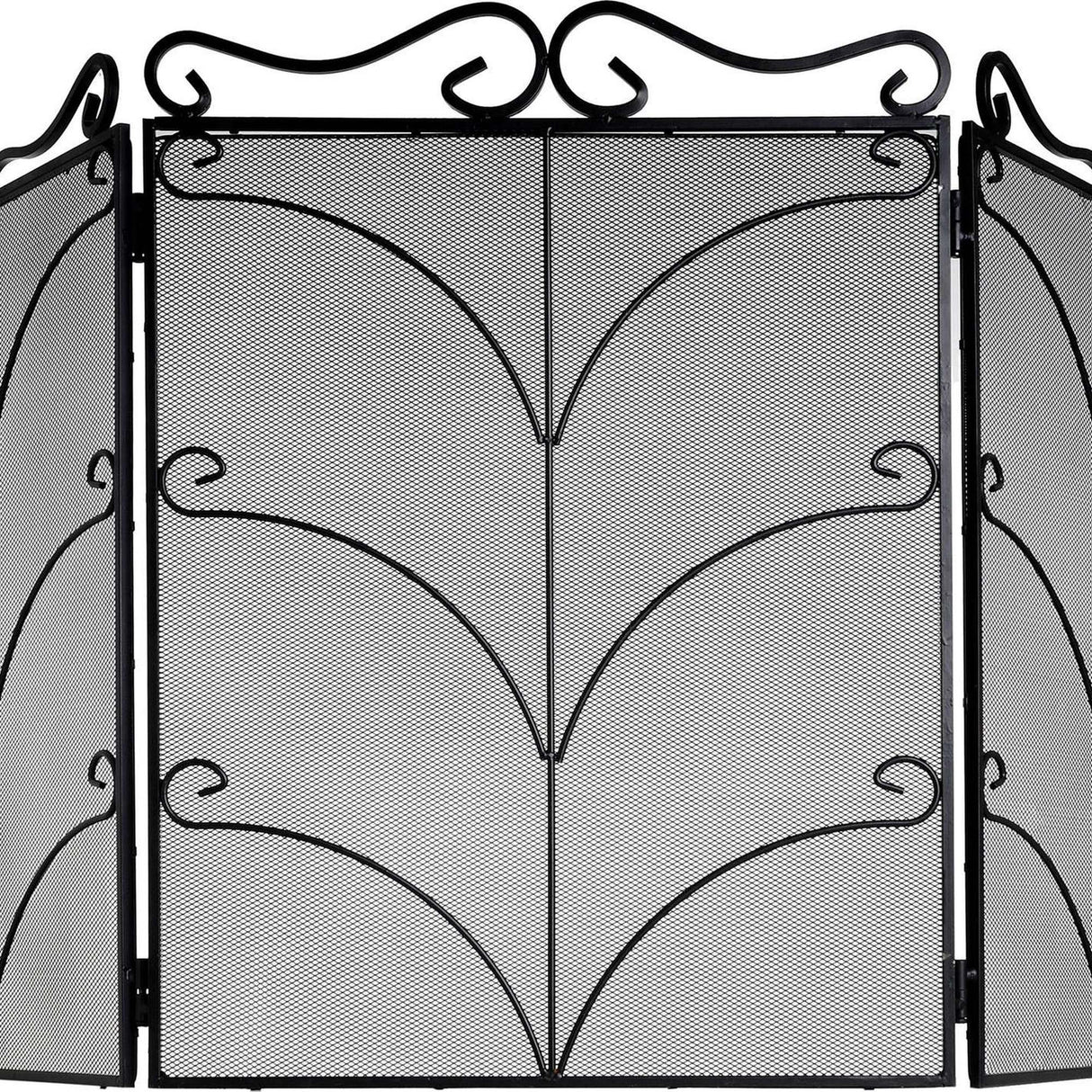 Hill Interiors Heavy Large Ornate Fire Screen in black metal, three-panel folding design with scrolled top and arched scrollwork over mesh panels.