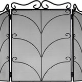 Hill Interiors Heavy Large Ornate Fire Screen in black metal, three-panel folding design with scrolled top and arched scrollwork over mesh panels.