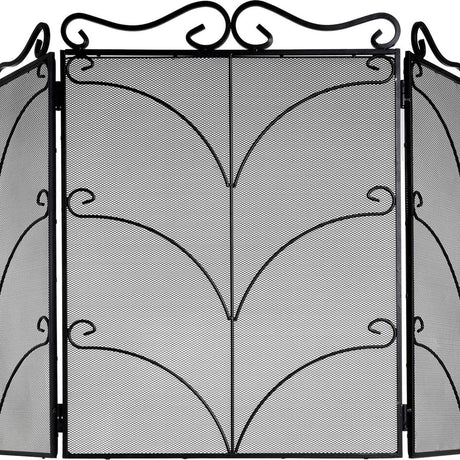 Hill Interiors Heavy Large Ornate Fire Screen in black metal, three-panel folding design with scrolled top and arched scrollwork over mesh panels.
