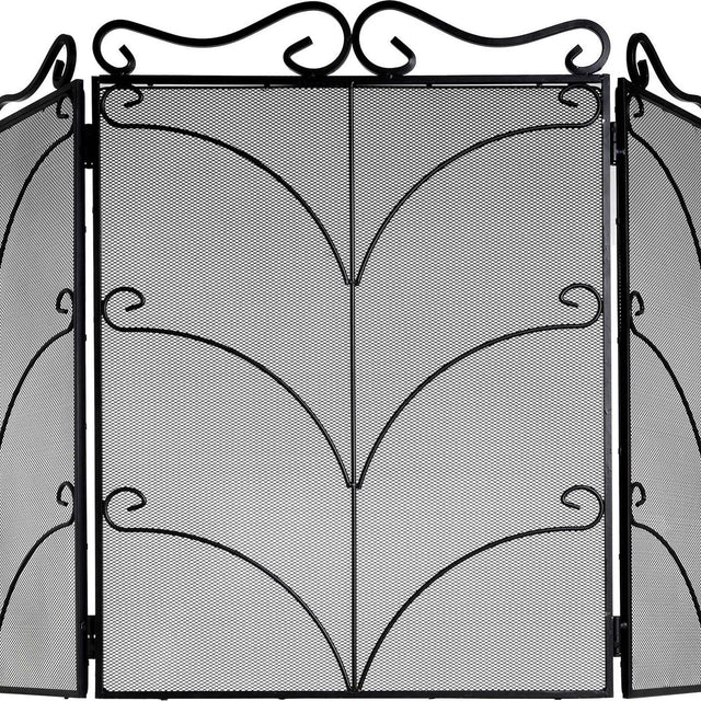 Hill Interiors Heavy Large Ornate Fire Screen in black metal, three-panel folding design with scrolled top and arched scrollwork over mesh panels.