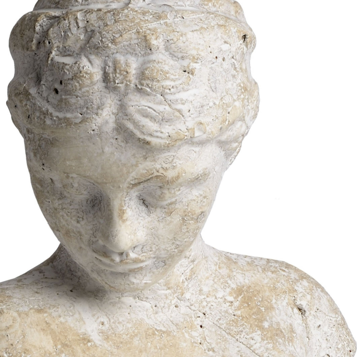 Close-up of Hill Interiors Woman's Head Sculpture in cream stone, showing the textured matte face, downturned gaze and sculpted hair detail.