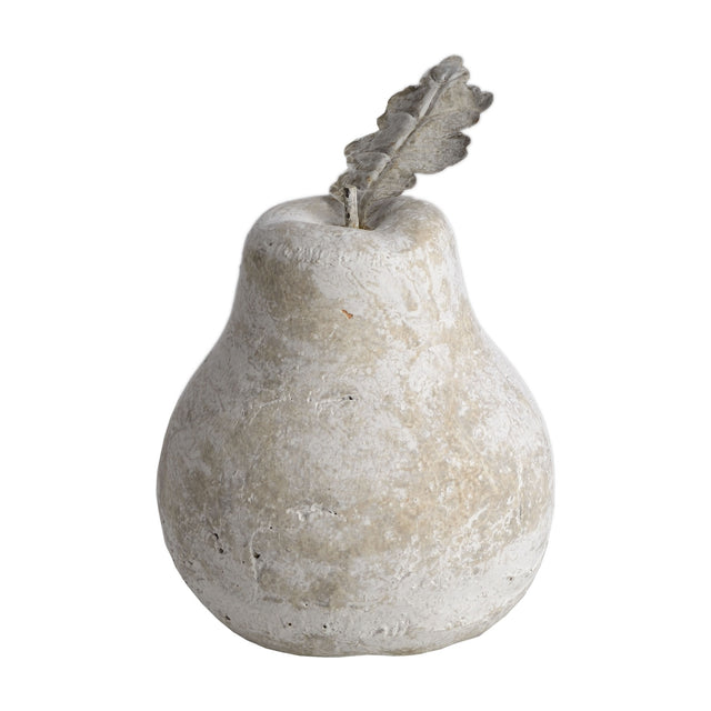 Hill Interiors medium stone pear ornament in chalky beige with a textured matte finish and sculpted leaf stem, shown against a plain white background.