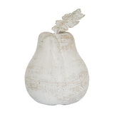 Hill Interiors Small Stone Pear decorative ornament in beige with a matte textured finish and rustic metal leaf stem, shown on a plain white background.