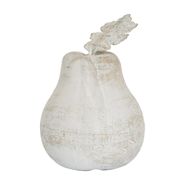 Hill Interiors Small Stone Pear decorative ornament in beige with a matte textured finish and rustic metal leaf stem, shown on a plain white background.