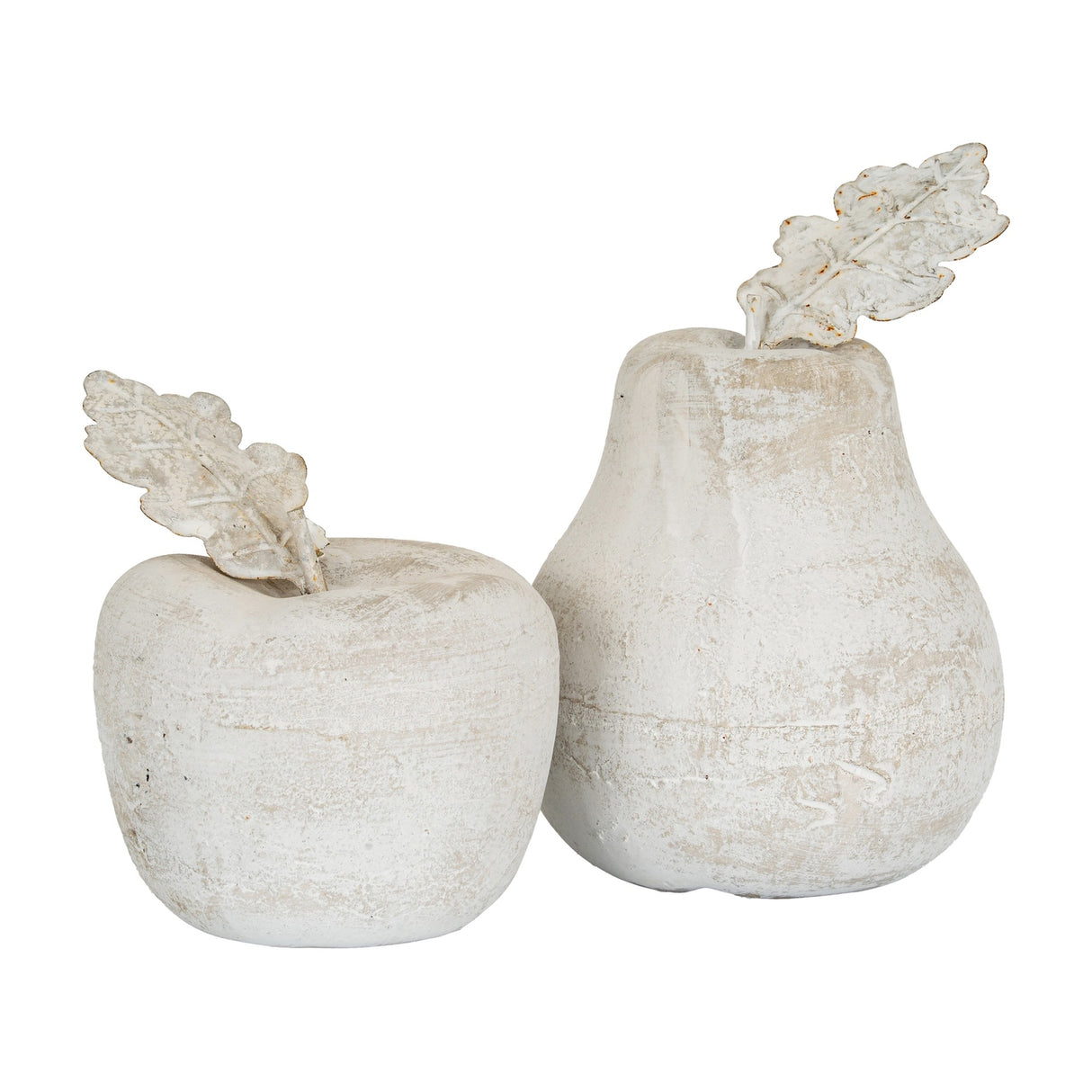 Hill Interiors Small Stone Pear and apple decorative ornaments in beige with textured matte finish and pale leaf stems, shown on a plain white background.