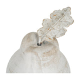 Hill Interiors Small Stone Pear Decorative Ornament in beige, close-up of the top showing the textured leaf and stem detail on a white background.