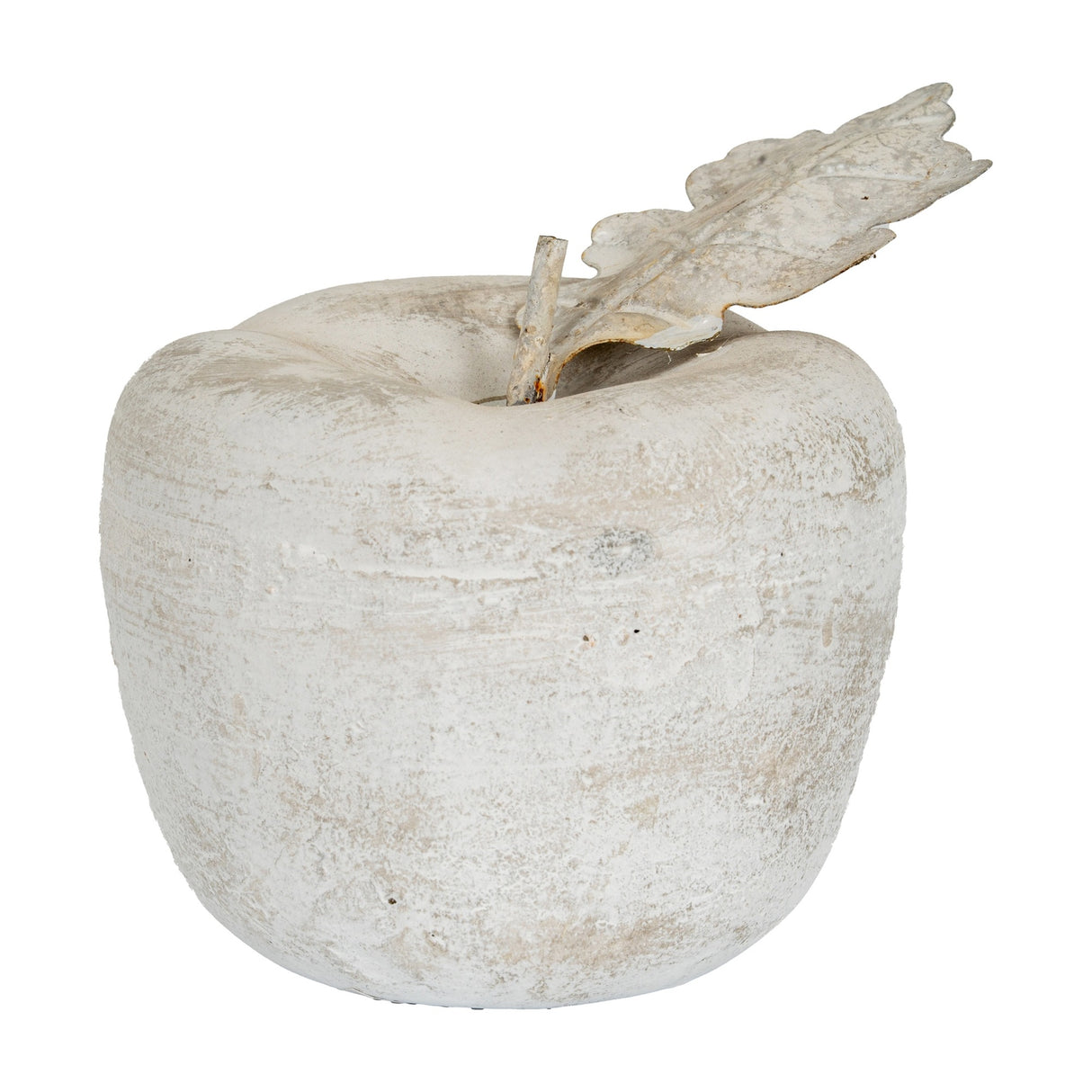 Hill Interiors stone decorative apple in beige with a sculpted leaf and stem, 14cm medium size, shown against a plain white background.