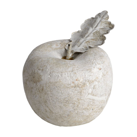 Hill Interiors Small Stone Apple Ornament in beige with a matte textured finish and sculpted leaf stalk, shown on a plain white background.