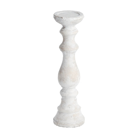 Hill Interiors Large Stone Pillar Candle Holder in beige with a tall turned column shape and matte textured finish, shown on a plain white background.