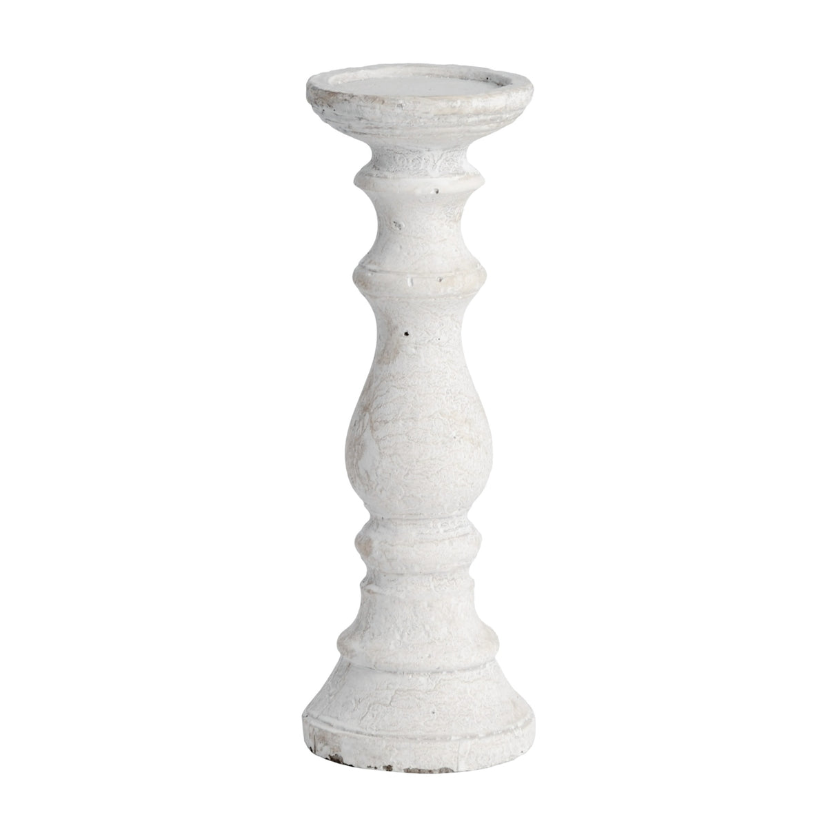 Hill Interiors medium beige stone pillar candle holder with a turned column shape and textured finish, shown against a plain white background.