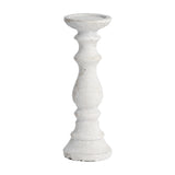 Hill Interiors medium beige stone pillar candle holder with a turned column shape and textured finish, shown against a plain white background.