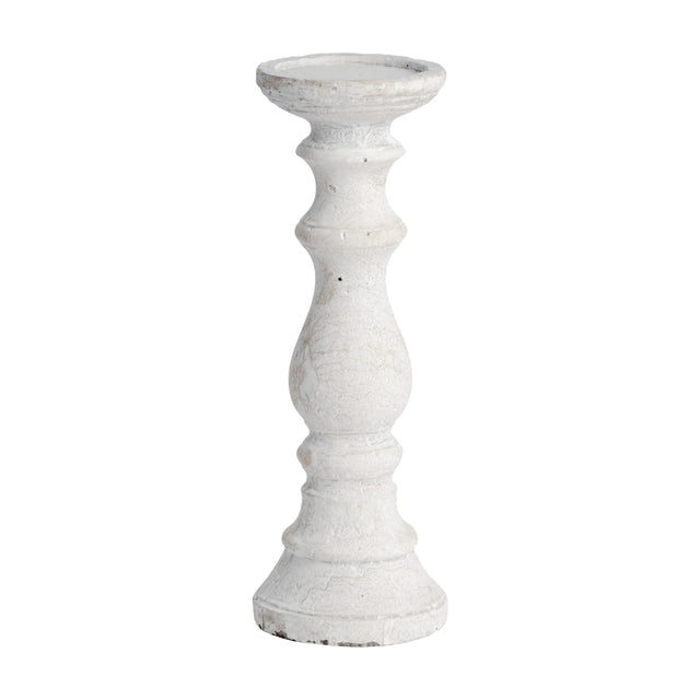 Hill Interiors medium beige stone pillar candle holder with a turned column shape and textured finish, shown against a plain white background.