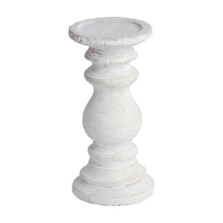 Hill Interiors Small Stone Candle Holder in beige with a turned baluster shape and textured finish, shown on a plain white background.