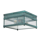 The Holborn 2 Light Outdoor Flush fixture boasts a square design with a bronze metal frame and glass panels, offering a vintage-inspired look. It showcases two visible bulbs and decorative edge detailing, exuding classic charm. Its weathered verdigris finish enhances its unique character, making it an ideal choice for outdoor lighting.