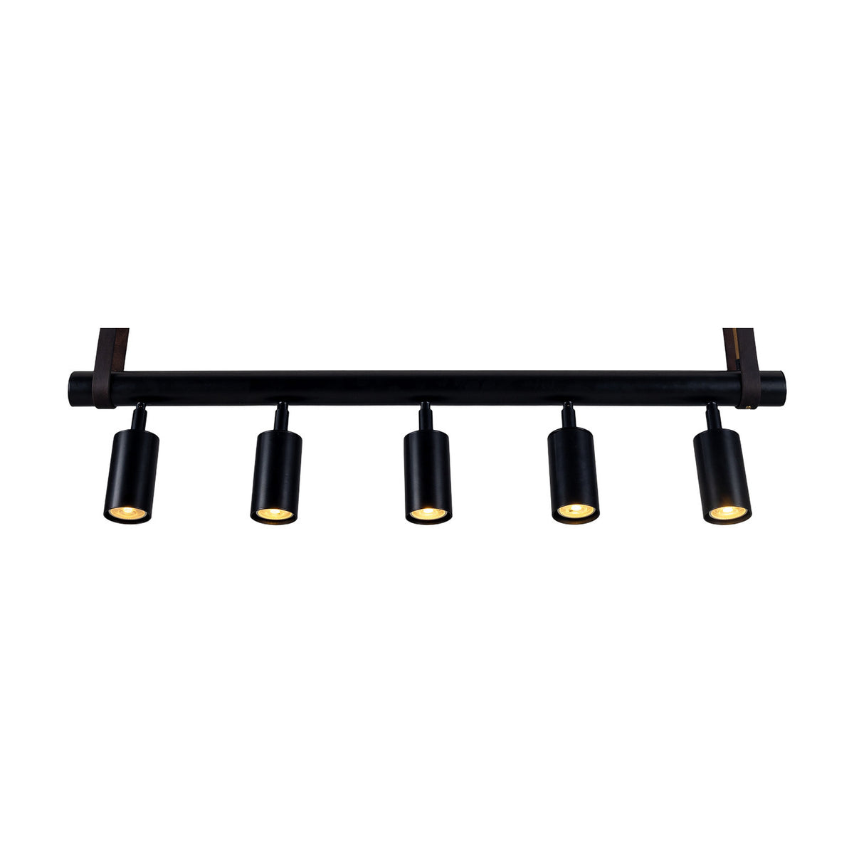 Holmes Brass 5 Light Spotlight Bar featuring a matt black horizontal bar with five cylindrical spot heads, suspended by brass-toned leather straps against a plain white background.