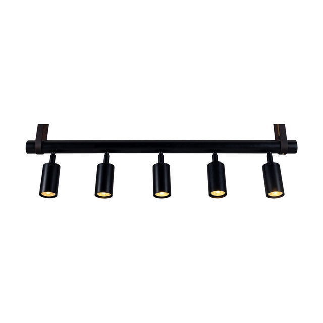 Holmes Brass 5 Light Spotlight Bar featuring a matt black horizontal bar with five cylindrical spot heads, suspended by brass-toned leather straps against a plain white background.