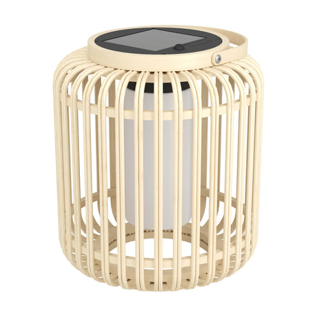 Holmine Solar LED Table Lamp in Brown & Black, a lantern-style design with pale wooden slat cage, white plastic diffuser, black solar panel top and carry handle, shown on a plain white background.