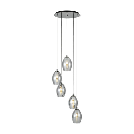 Horbanne Smoked Glass 5 Light Pendant in black nickel finish, five ovoid smoked glass shades hanging at staggered heights from a round ceiling plate, on a plain white background.