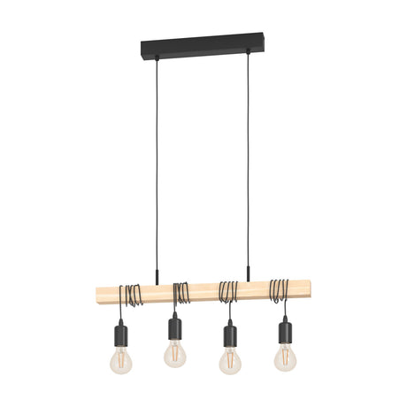 Hosmane 4 Light Linear Pendant Light featuring a wood beam with black cables coiled around it, suspended by two cords from a black ceiling canopy, with four exposed bulbs, on a white background.