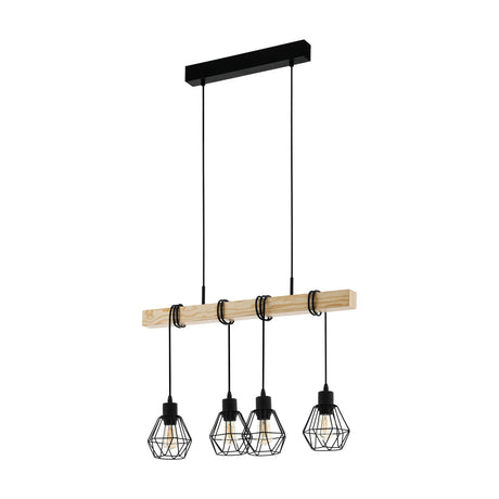 Hosmane 4 Light Linear Pendant Light in black steel with a natural wood beam, black wire cage shades on black flex, hung from a slim black ceiling bar on a white background.
