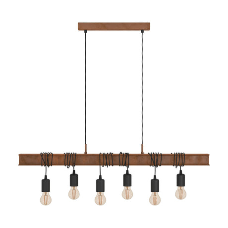Hosmane 6-light linear pendant with an antique brown steel beam, black coiled cables, and exposed bulbs on black holders, shown on a plain white background.