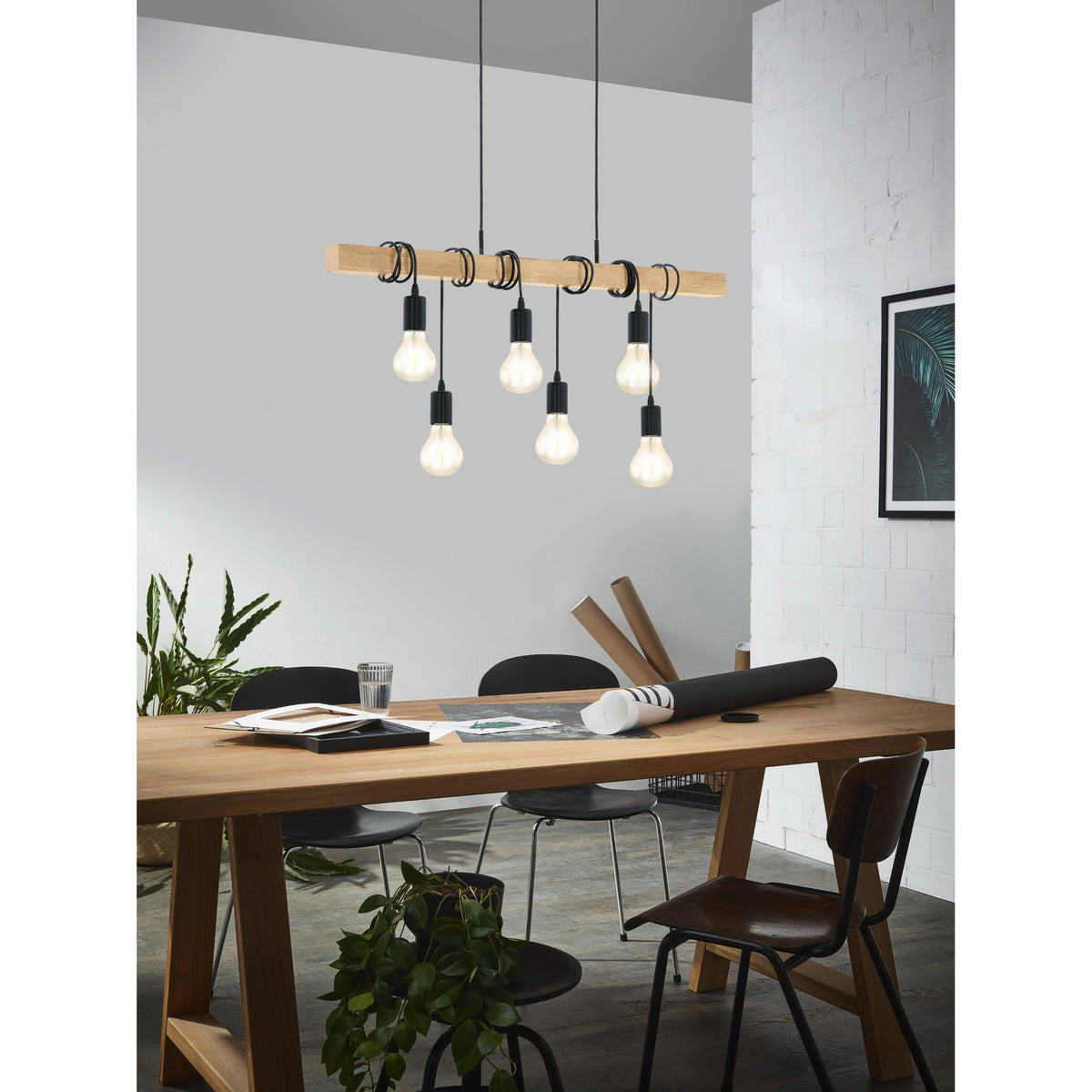 Hosmane 6 Light Linear Pendant Light - Black & Wood