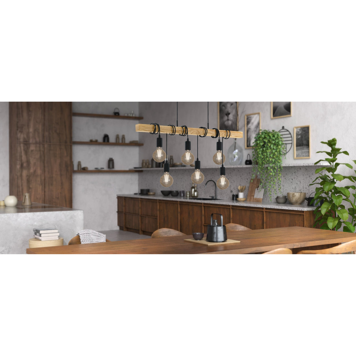 Hosmane 6 Light Linear Pendant Light - Black & Wood