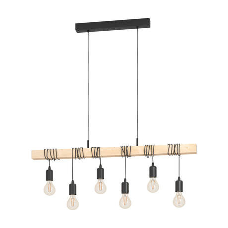 Hosmane 6 Light Linear Pendant Light in Black & Wood, a wooden beam with black steel ceiling bar and six E27 bulbs on staggered cords, shown on a white background.