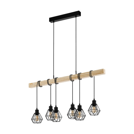 Hosmane 6 Light Linear Pendant Light in black, with faceted wire-cage shades hanging from a natural wood beam on a black rectangular canopy, shown on a plain white background.