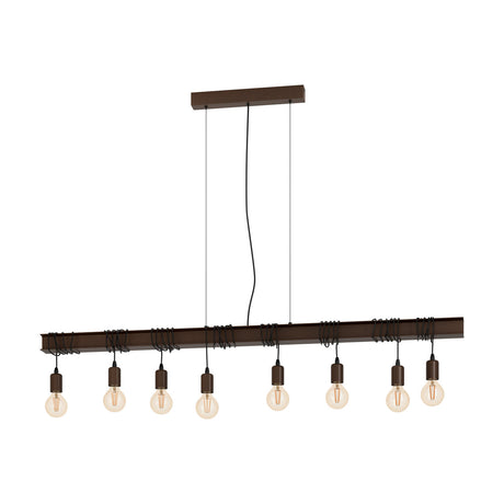 Hosmane 8 Light Linear Pendant Light featuring an antique brown steel beam with looped black cable and eight exposed E27 bulb holders, shown on a plain white background.