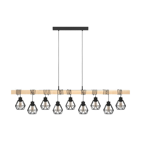 Hosmane 9 Light Linear Pendant Light in black, featuring a wood beam wrapped in black cord with nine faceted wire diamond cages on a slim black ceiling bar, shown on a white background.
