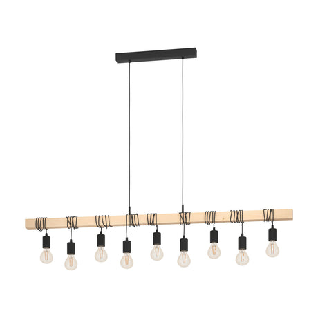 Hosmane 9-Light Linear Pendant with pale wood beam, black braided cords, and nine exposed black E27 lampholders, suspended from a black ceiling plate.