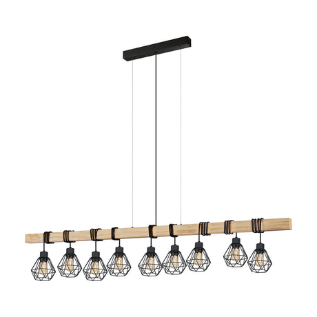 Hosmane 9-light linear pendant with a natural wood beam wrapped in black cord, black ceiling bar, and nine faceted black wire cage shades for E27 bulbs, on a plain white background.