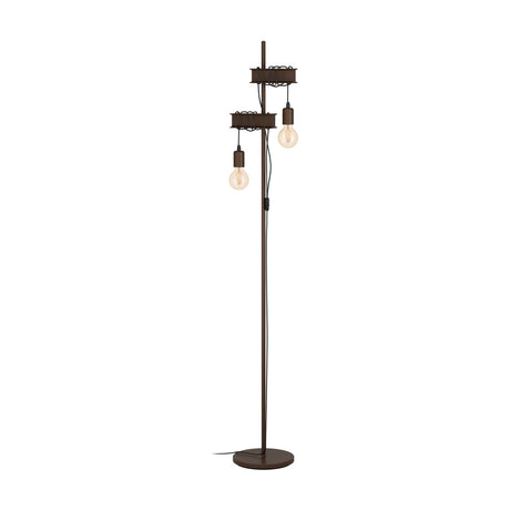 Hosmane floor lamp in antique brown steel with a tall slim pole, round black base, and two staggered girder brackets each holding a hanging E27 bulb on black flex, shown on a plain white background.