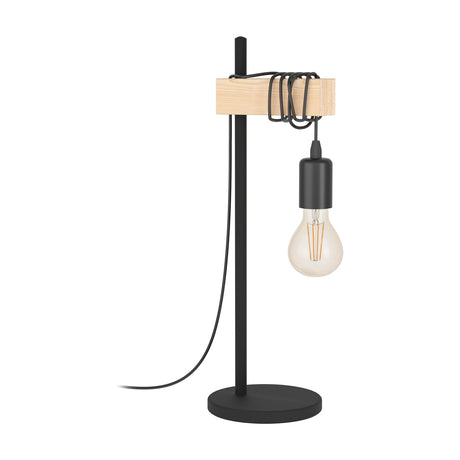Hosmane table lamp with black steel frame, round base and pale wood crossbar, cable looped around the wood with an exposed E27 bulb hanging below, on a white background.